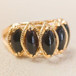 14K Gold 5-Stone Black Coral Ring – Marquise Cabochons, Size 5¼